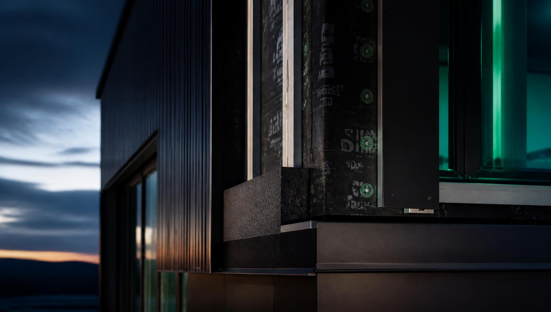 High-performance building envelope detail at dusk.