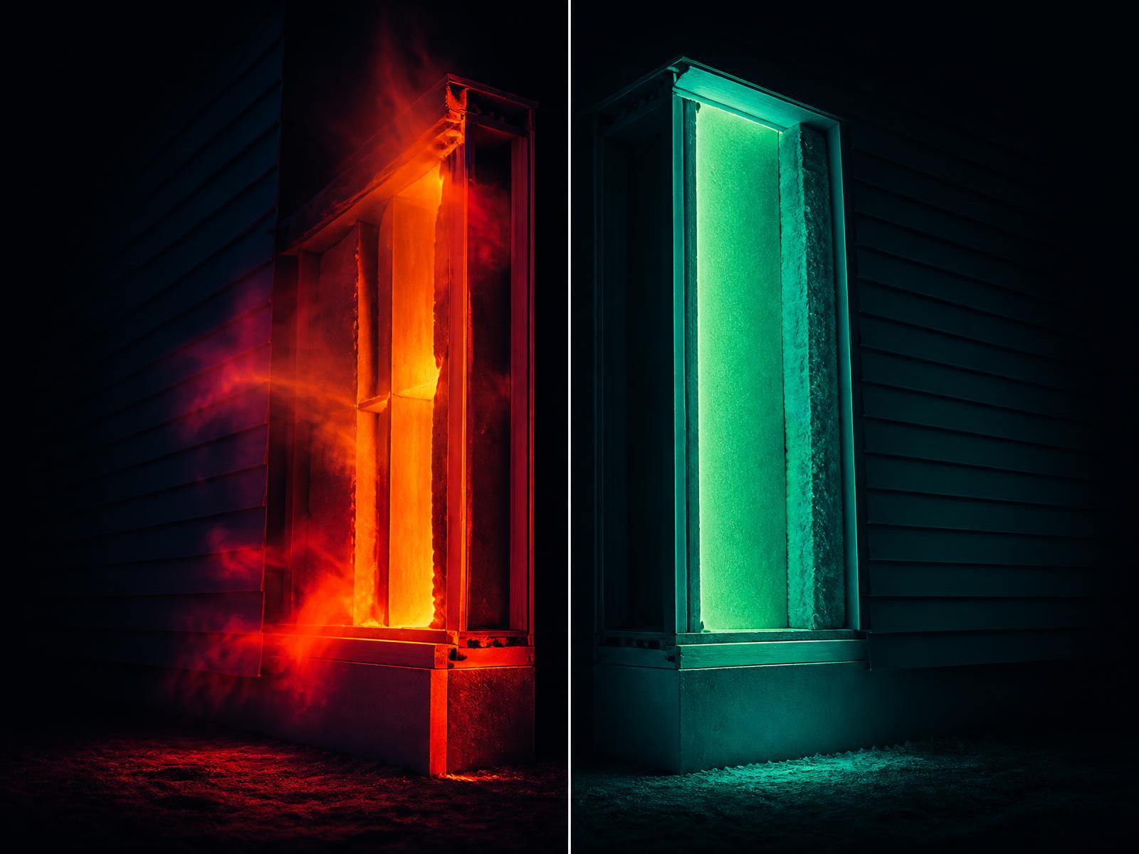 Thermal comparison of an uninsulated wall leaking heat beside a fully insulated assembly holding it in.