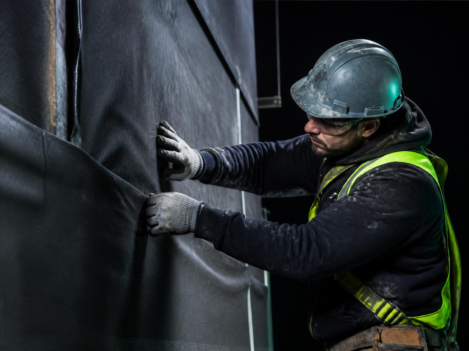 NRG installer carefully sealing a continuous air barrier membrane on a commercial wall.